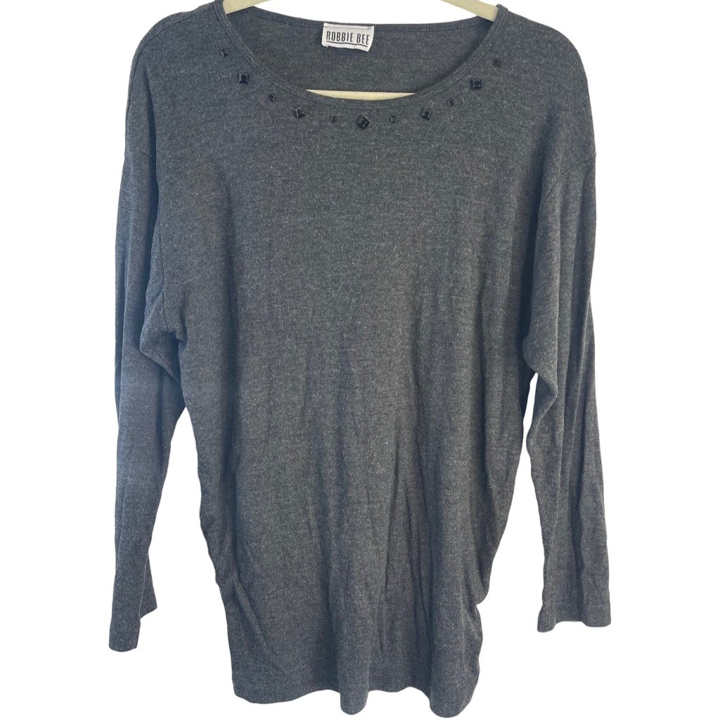 Robbie Bee Long Sleeve Shirt Embellished Polyester Blend Gray Large Read
